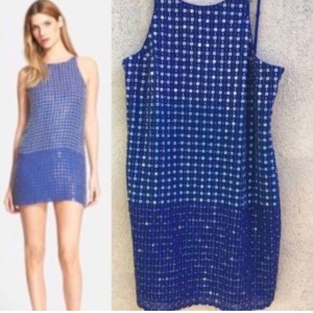 Parker Woman's Blue Monaco beaded silk shift dress. S